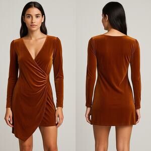 CHOCOLATE Bronze Velvet Wrap Mini Dress Long Sleeve Large Bodycon Cocktail Party